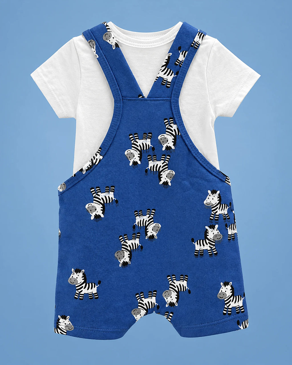 Jardinero azul con cebras y camiseta blanca para bebé niño, vista de espalda | JR Baby Center