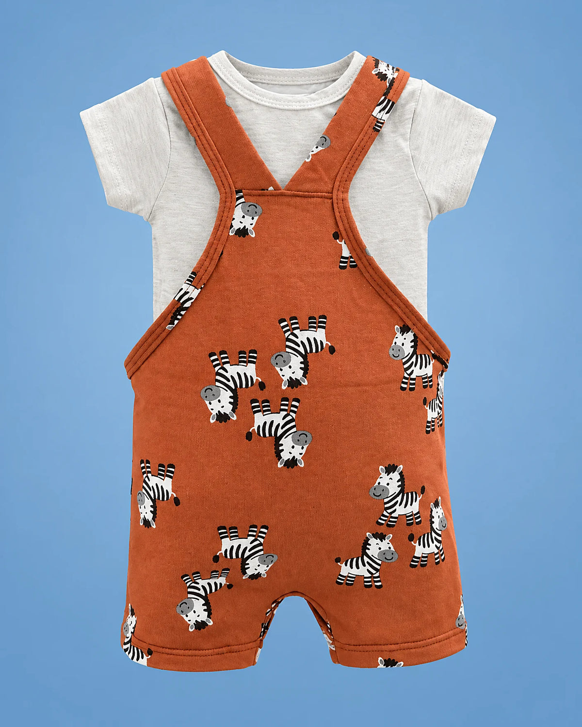 Jardinero naranja con cebras y camiseta crema para bebé niño, vista de espalda | JR Baby Center