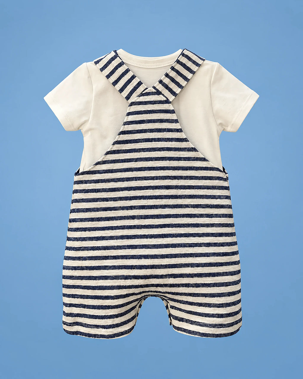 Jardinero de rayas azul marino con camiseta blanca para bebé niño, vista de espalda | JR Baby Center