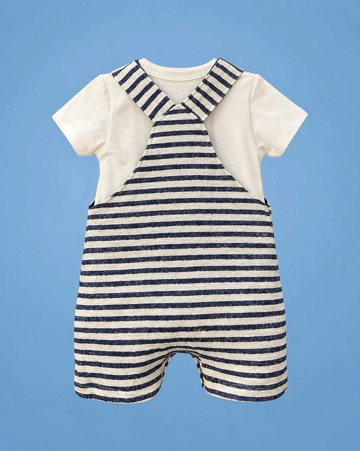 Jardinero de rayas azul marino con camiseta blanca para bebé niño, vista de espalda | JR Baby Center