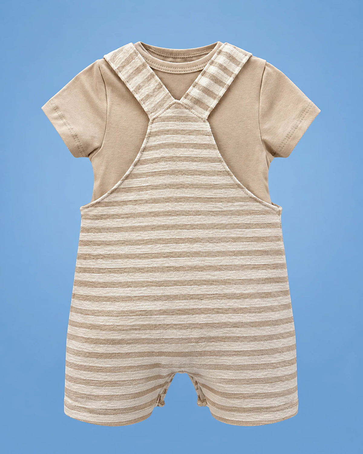 Jardinero de rayas beige con bolsillos y camiseta beige para bebé niño, vista de espalda | JR Baby Center