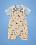 Jardinero beige con veleros y faros y polo celeste para bebé niño, vista de frente | JR Baby Center