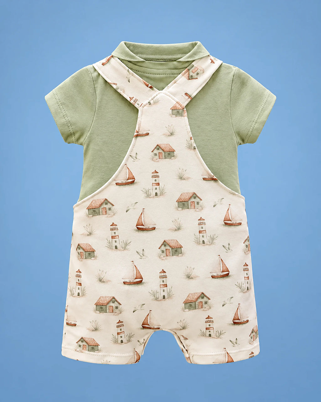 Jardinero crema con veleros y faros y polo verde para bebé niño, vista de espalda | JR Baby Center