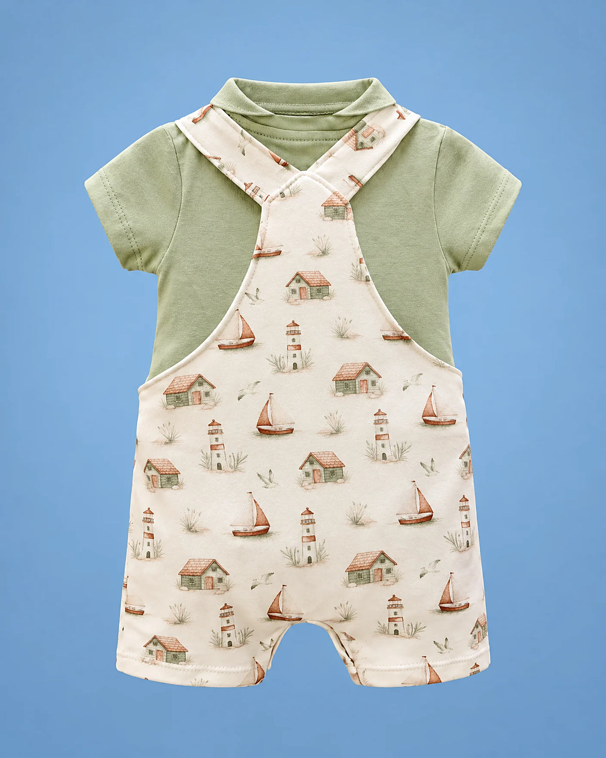 Jardinero crema con veleros y faros y polo verde para bebé niño, vista de espalda | JR Baby Center