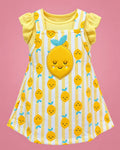 Jumper amarillo a rayas con limones y blusa amarilla para bebé niña, vista de frente | JR Baby Center