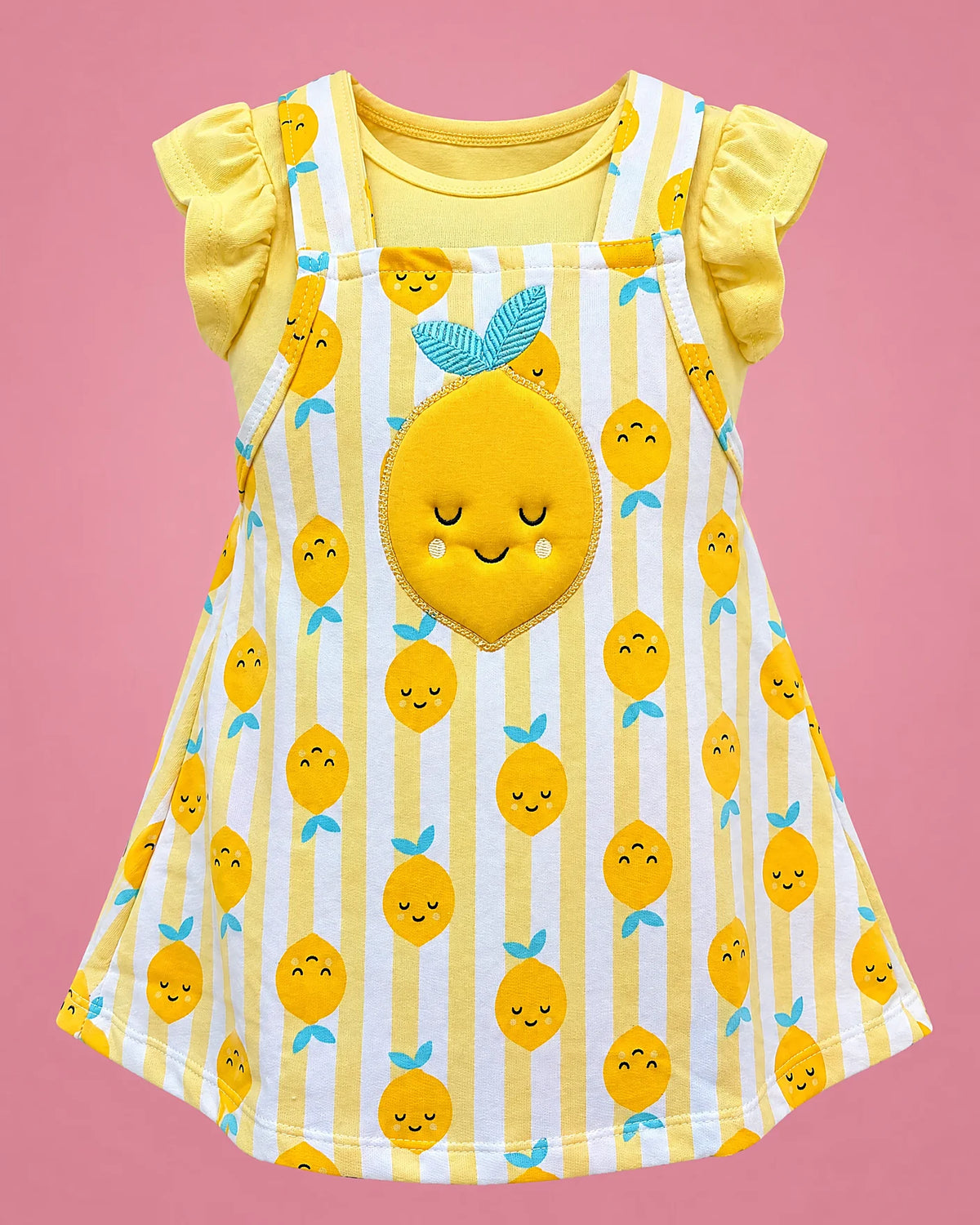 Jumper amarillo a rayas con limones y blusa amarilla para bebé niña, vista de frente | JR Baby Center
