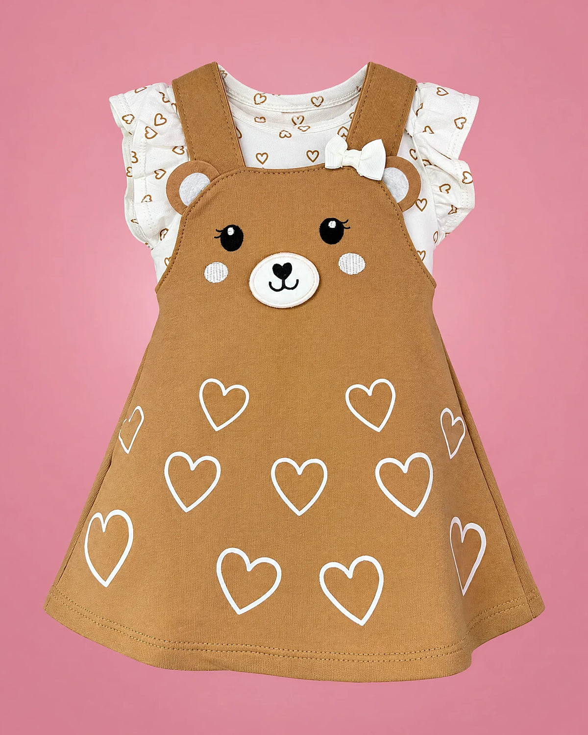 Jumper marrón con osito y corazones y blusa blanca para bebé niña, vista de frente | JR Baby Center