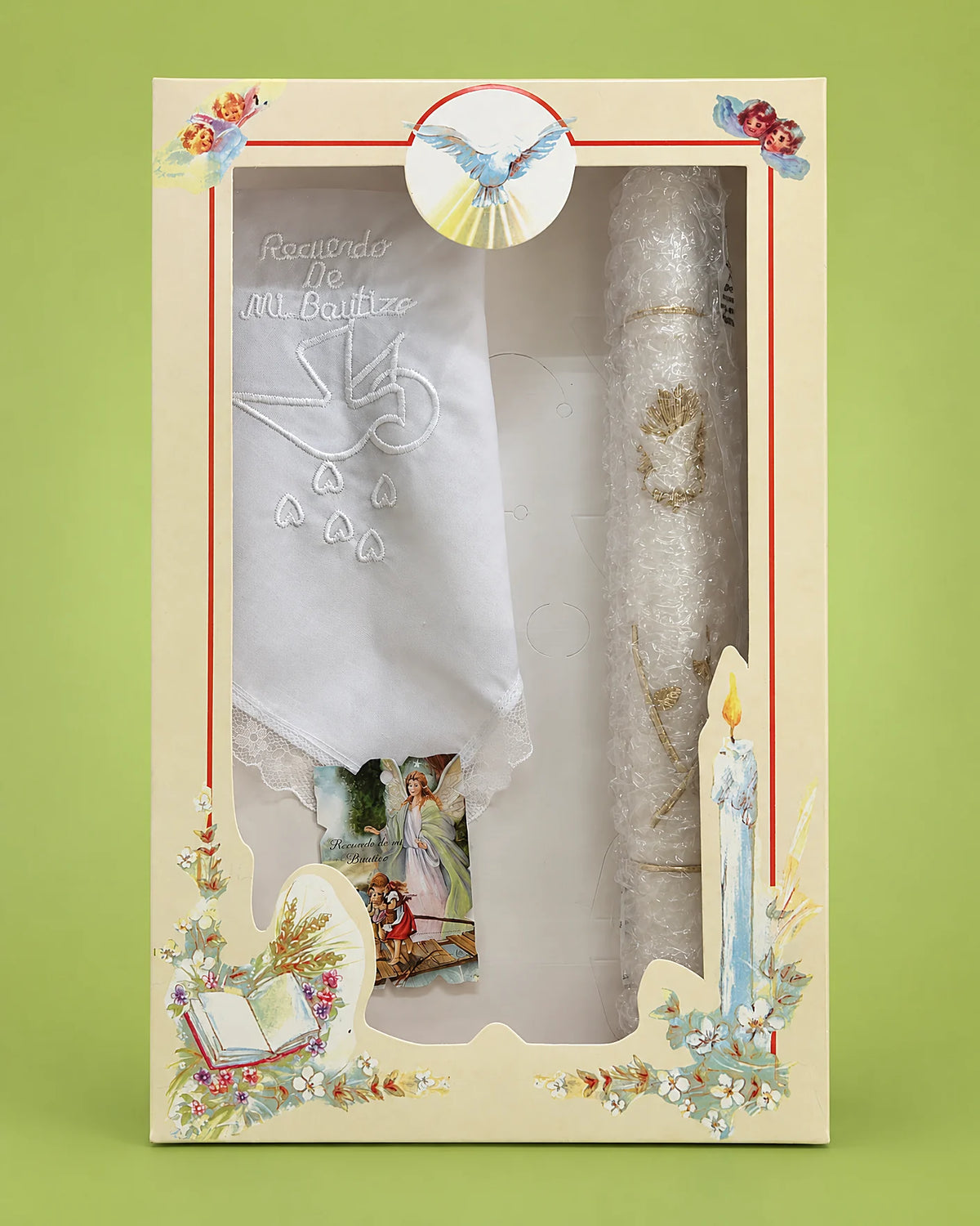 Kit de vela de bautismo con paño bordado e imagen del ángel de la guarda en caja de regalo | JR Baby Center