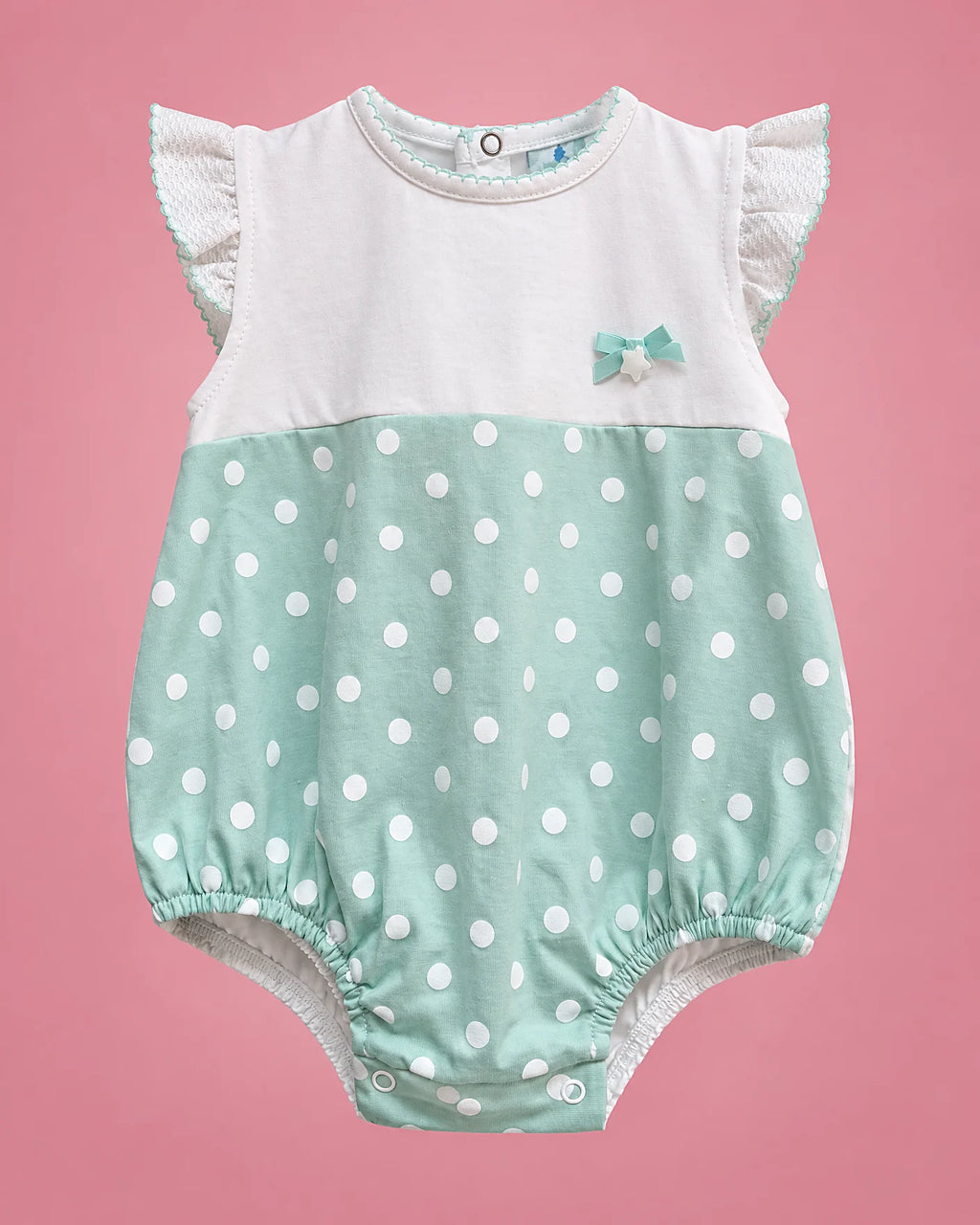 Sardon blanco y verde menta de lunares para bebé niña, vista de frente | JR Baby Center