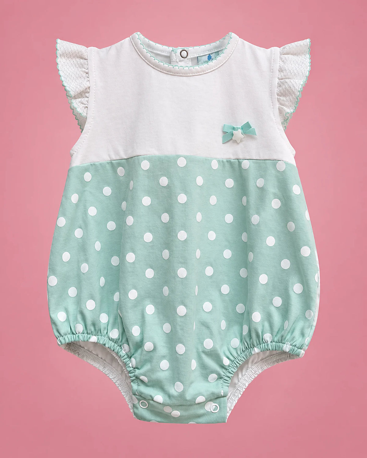 Sardon blanco y verde menta de lunares para bebé niña, vista de frente | JR Baby Center
