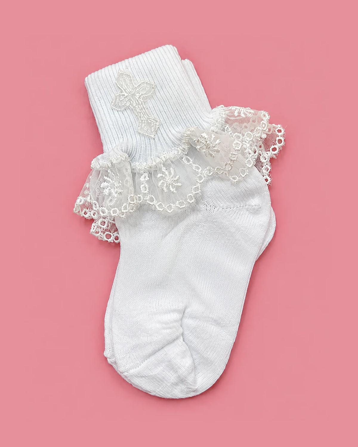 Medias Piccolo blancas con cruz y encaje para bebé niña | JR Baby Center