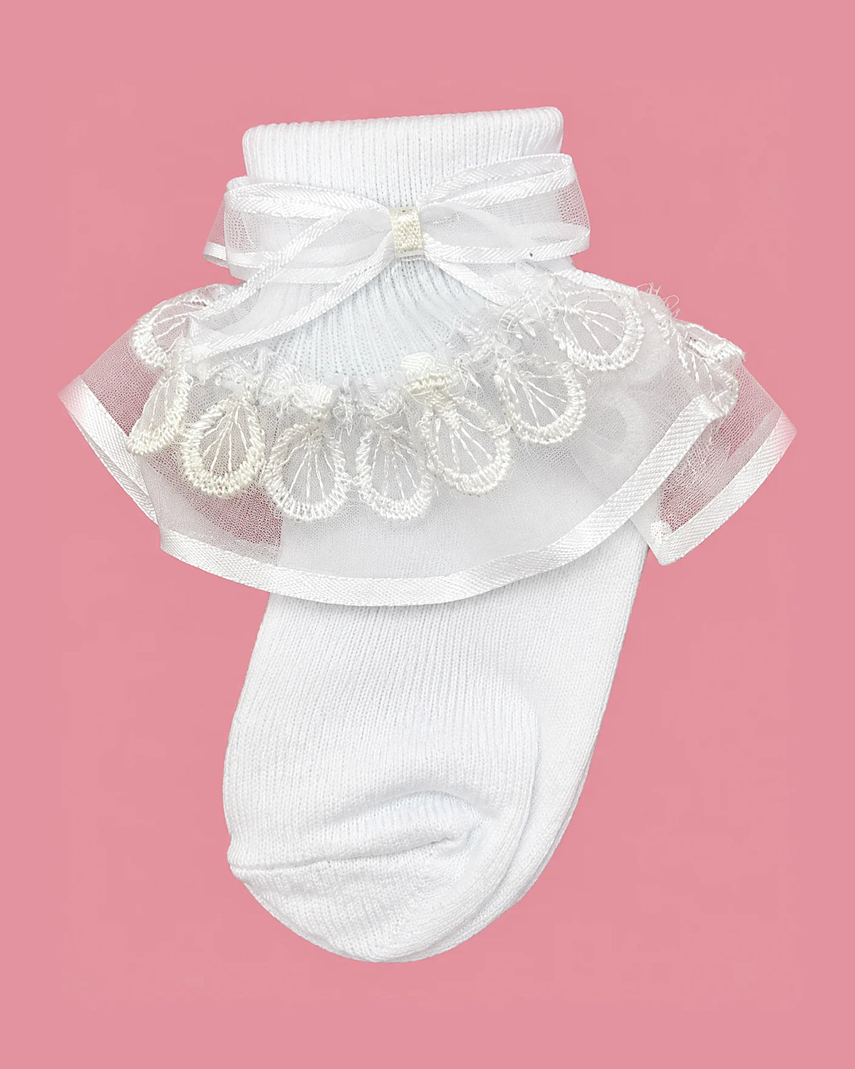 Medias Piccolo blancas con encaje y lacito de tul para bebé niña | JR Baby Center
