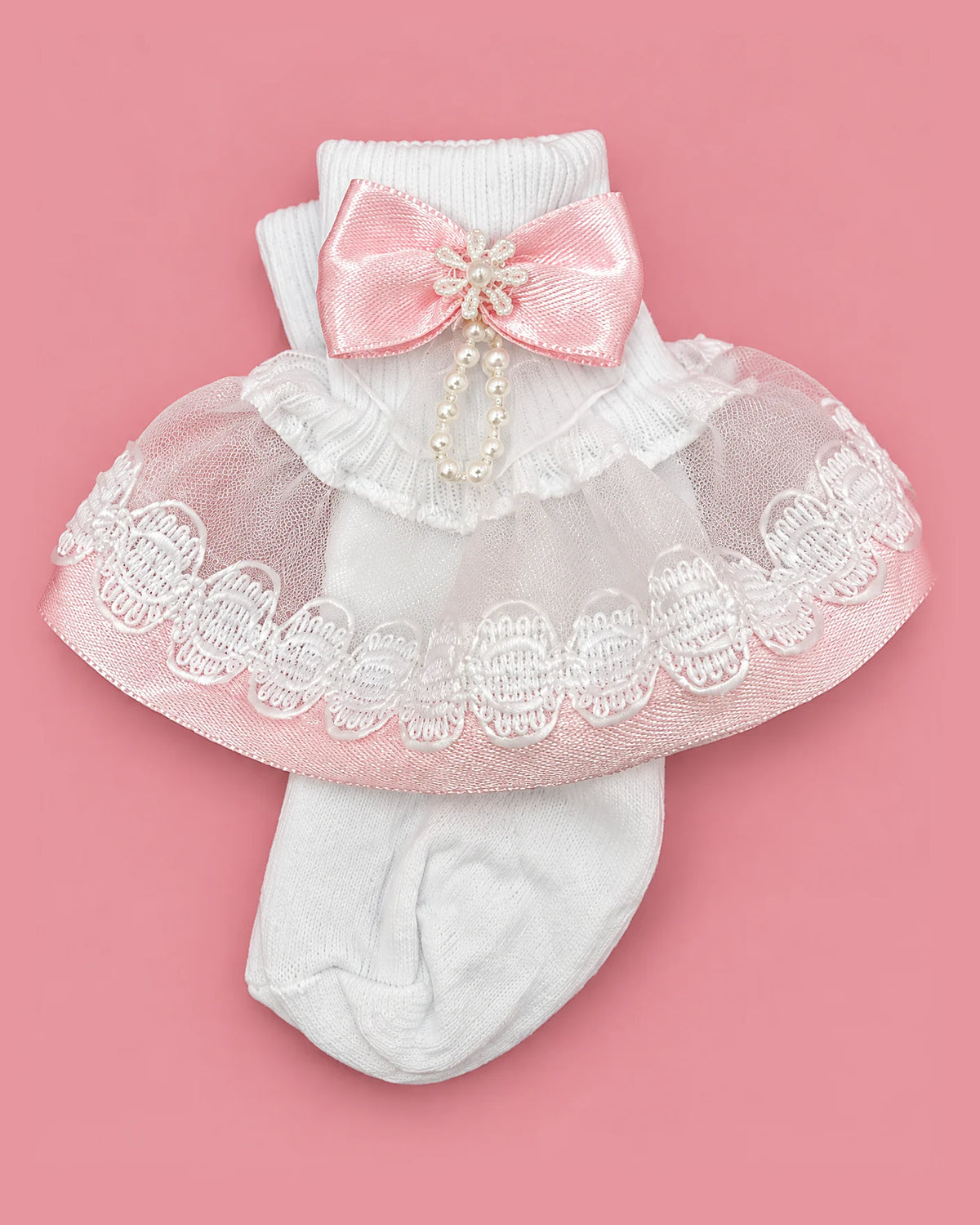 Medias Piccolo blancas con lazo rosado para niña | JR Baby Center
