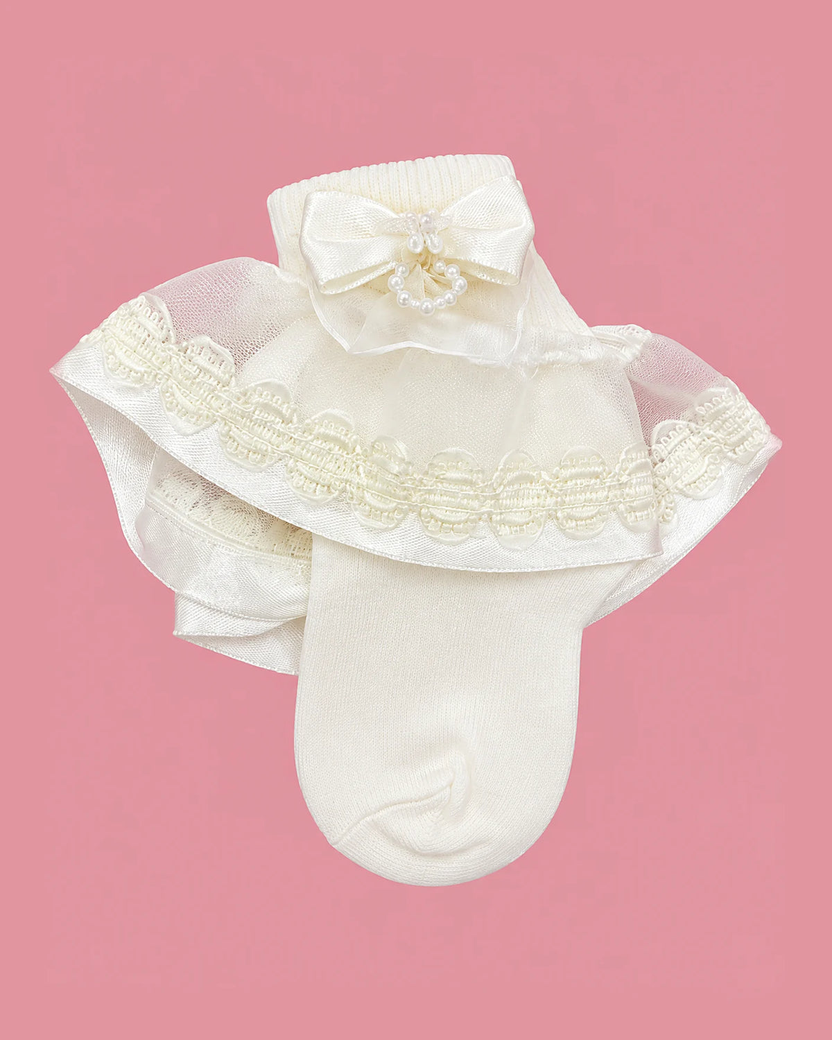 Medias Piccolo crema con lazo y encaje para niña | JR Baby Center