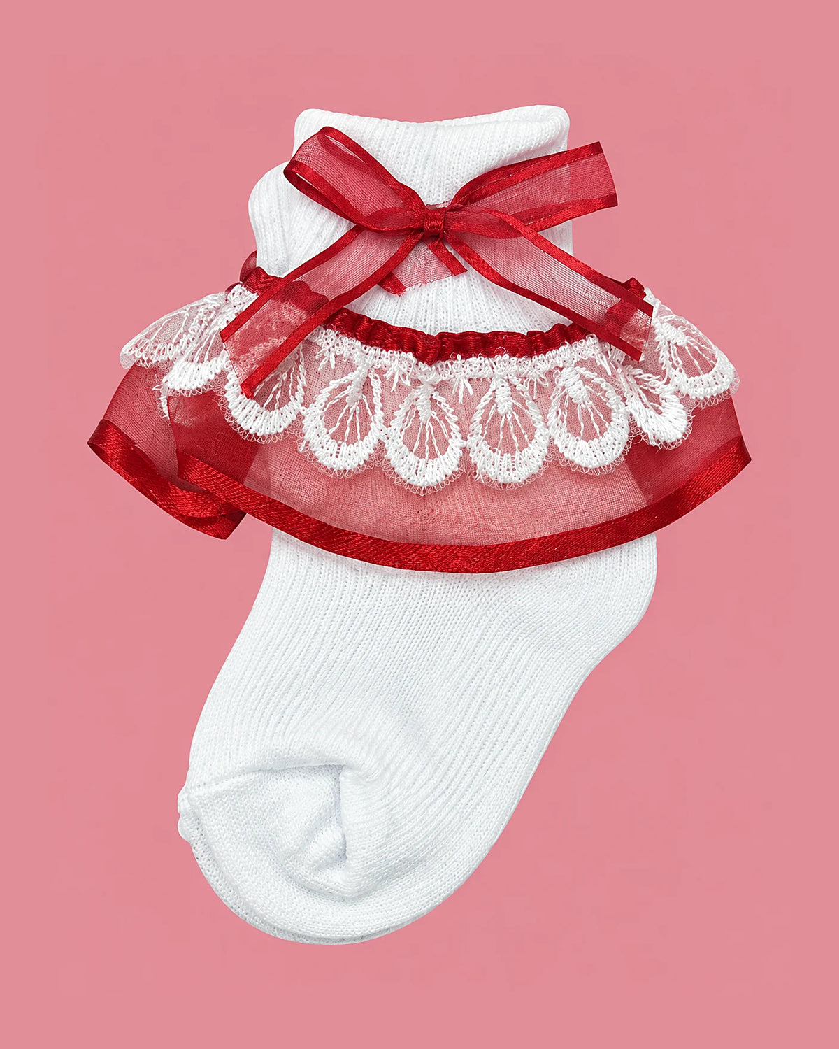Medias Piccolo blancas con encaje rojo y lacito para bebé niña | JR Baby Center