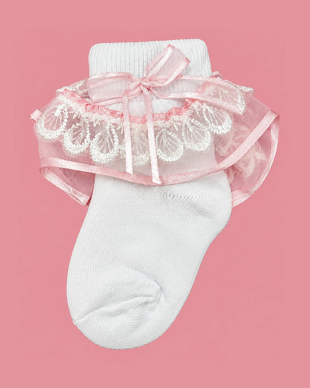 Medias Piccolo blancas con encaje rosado y lacito para bebé niña | JR Baby Center