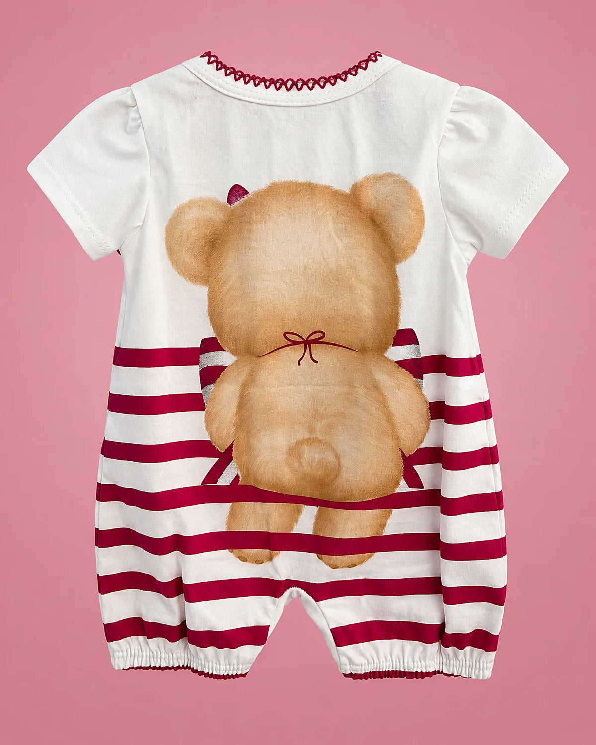 Kyly blanco de osita con rayas fucsia para bebé niña, vista de espalda | JR Baby Center