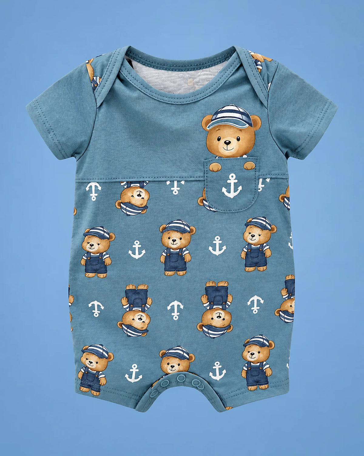 Kyly azul con anclas para bebé niño, vista de frente | JR Baby Center