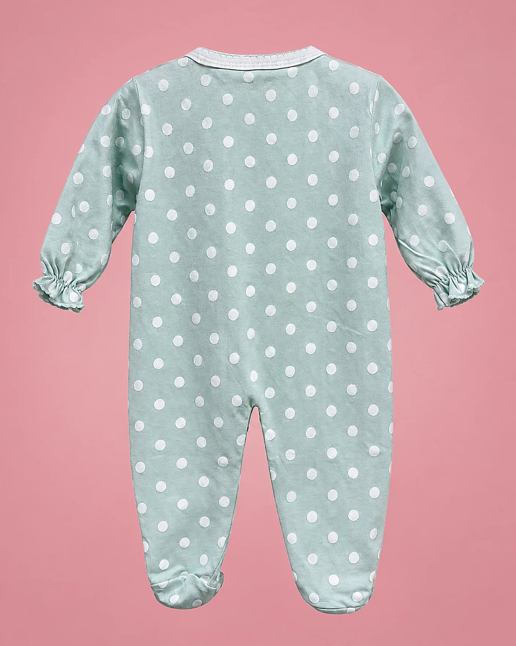 Pijama verde menta con lunares blancos y lacitos para bebé niña, vista de espalda | JR Baby Center