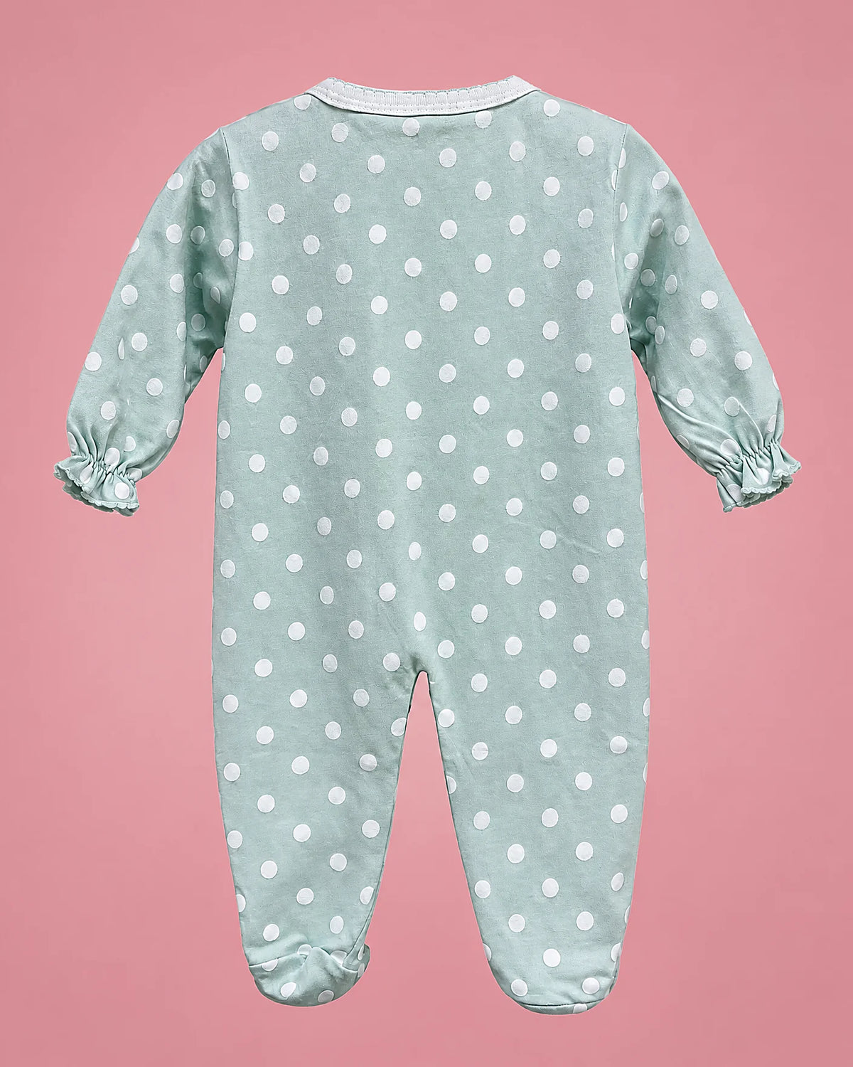 Pijama verde menta con lunares blancos y lacitos para bebé niña, vista de espalda | JR Baby Center