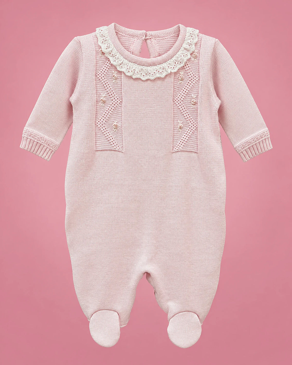 Rosado de manga larga con piecitos para bebé niña, vista de frente | JR Baby Center
