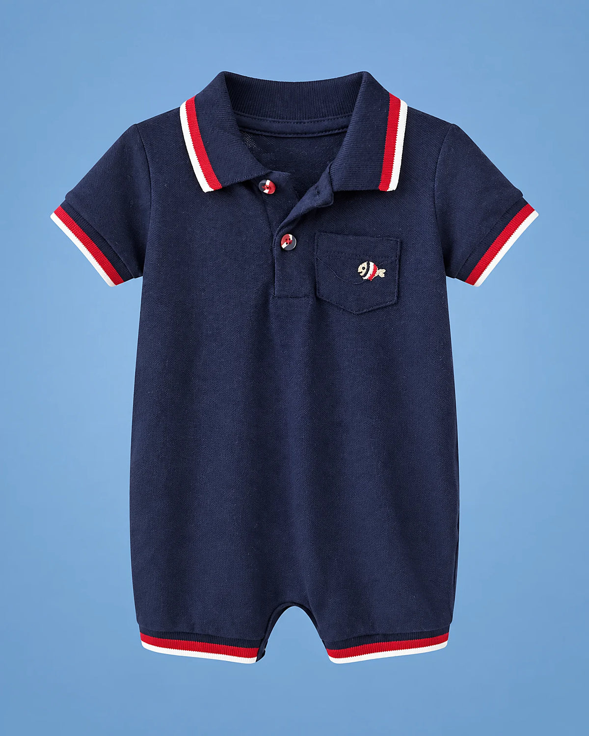 Milon azul marino con pececito para bebé niño, vista de frente | JR Baby Center