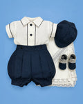 Set de estopilla con camisa blanca y bombacho azul marino para bebé niño, set completo | JR Baby Center