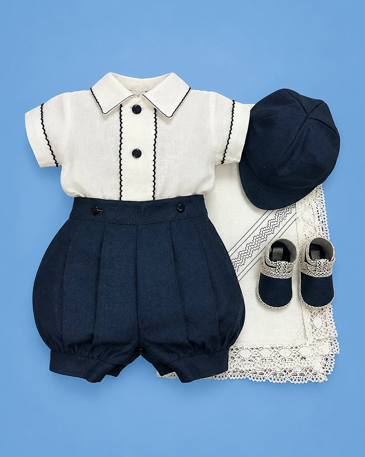 Set de estopilla con camisa blanca y bombacho azul marino para bebé niño, set completo | JR Baby Center