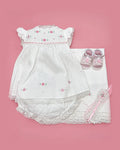 Set de estopilla blanco con florecitas rosadas bordadas para bebé niña, set completo | JR Baby Center
