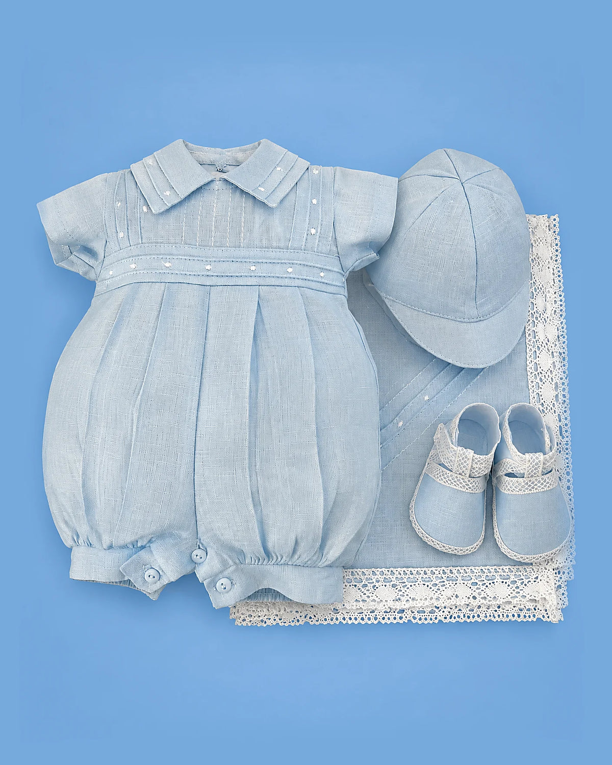 Set de estopilla celeste con alforzas para bebé niño prematuro | JR Baby Center