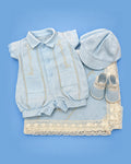 Set de estopilla guayabera celeste y crema para bebé niño prematuro | JR Baby Center