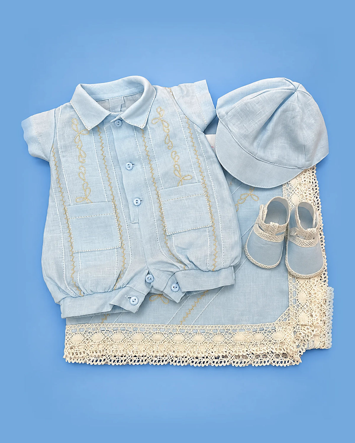 Set de estopilla guayabera celeste y crema para bebé niño prematuro | JR Baby Center