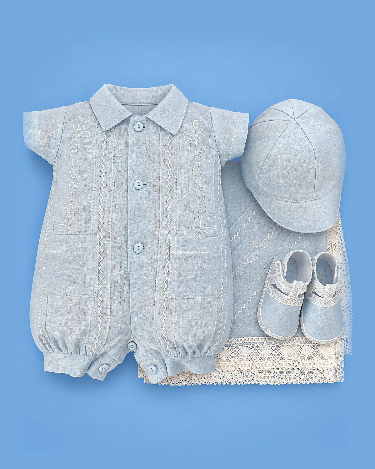 Set de estopilla guayabera celeste para bebé niño prematuro | JR Baby Center
