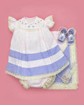 Set de estopilla rosado con franjas lila y cuello bordado para bebé niña, set completo | JR Baby Center