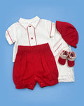 Set de estopilla con camisa blanca y bombacho rojo para bebé niño, set completo | JR Baby Center
