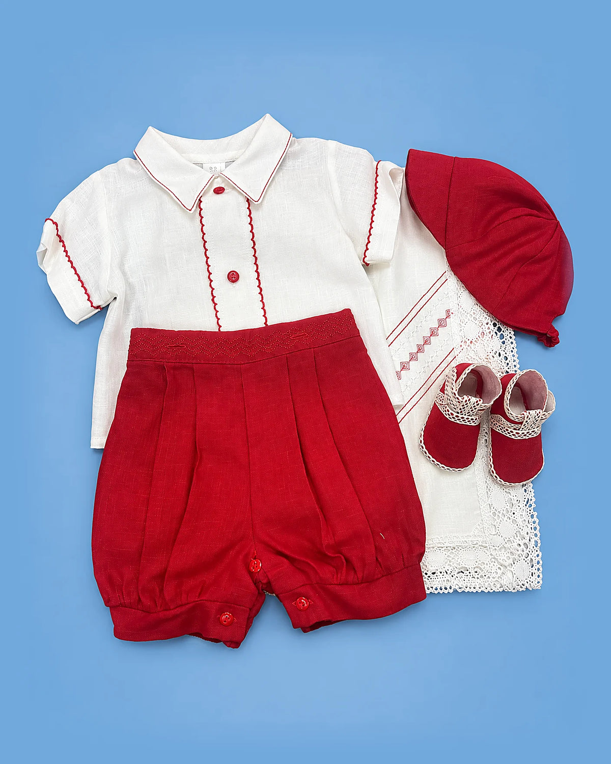 Set de estopilla con camisa blanca y bombacho rojo para bebé niño, set completo | JR Baby Center