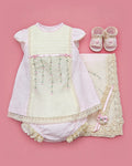 Set de estopilla rosa con peto amarillo claro y capullos para bebé niña, set completo | JR Baby Center