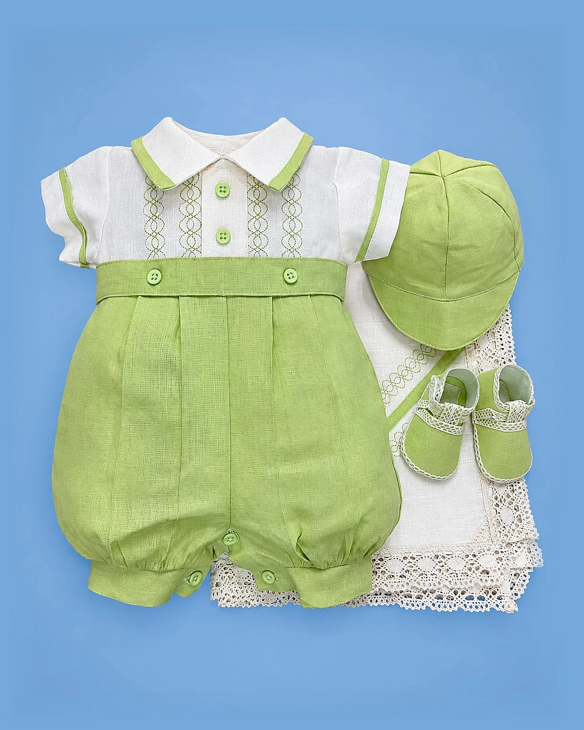 Set de estopilla verde bordado para bebé niño, set completo | JR Baby Center
