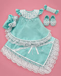 Set aqua de seda cruda con encaje, diadema y zapatitos para bebé niña, set completo | JR Baby Center