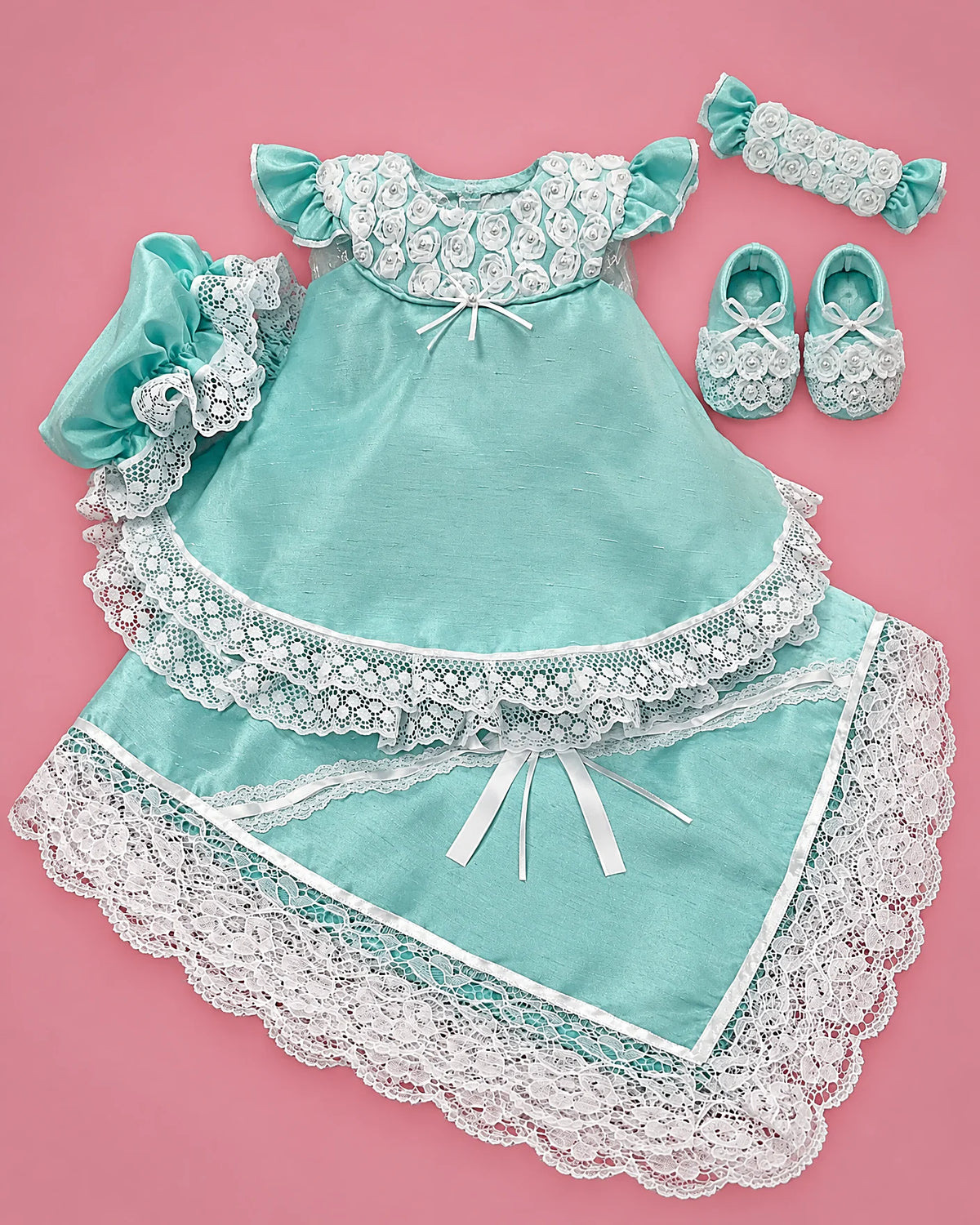Set aqua de seda cruda con encaje, diadema y zapatitos para bebé niña, set completo | JR Baby Center