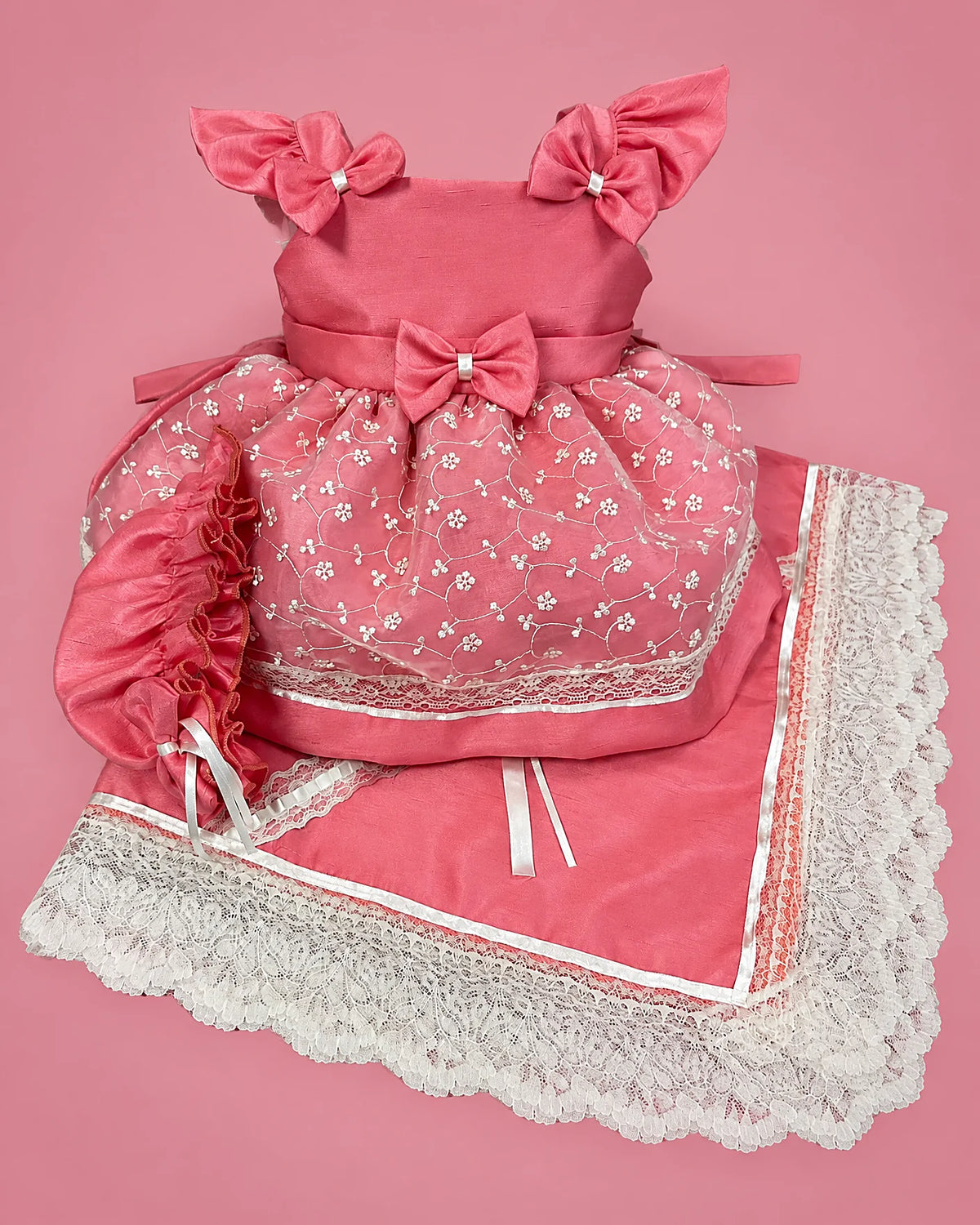 Set coral de seda cruda con lazos y tul bordado para bebé niña, set completo | JR Baby Center