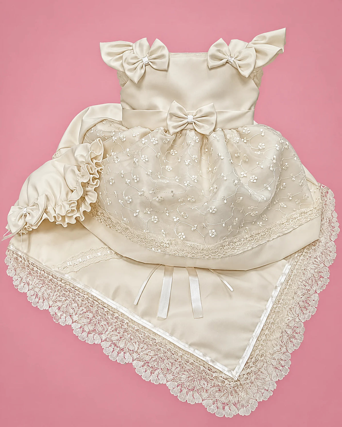 Vestido de seda cruda crema con lazos, gorrito y manta para bebé niña, set completo con gorrito y manta | JR Baby Center