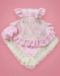 Set lila de seda cruda con delantal de encaje y volantes para bebé niña, set completo | JR Baby Center