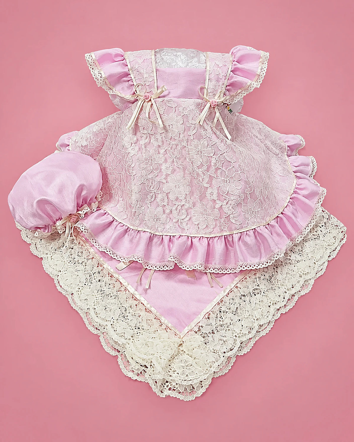 Set lila de seda cruda con delantal de encaje y volantes para bebé niña, set completo | JR Baby Center