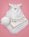 Vestido de seda cruda blanco con dorado, gorrito y manta para bebé niña, set completo con gorrito y manta | JR Baby Center