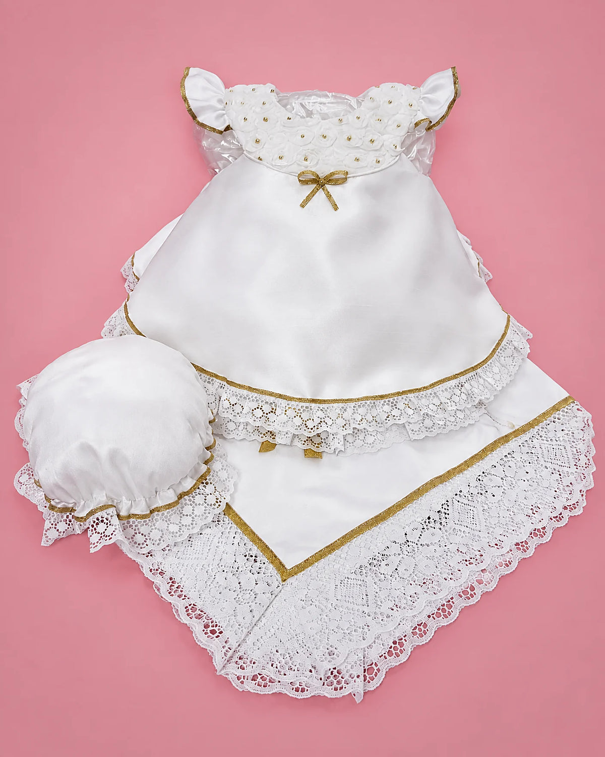 Vestido de seda cruda blanco con dorado, gorrito y manta para bebé niña, set completo con gorrito y manta | JR Baby Center