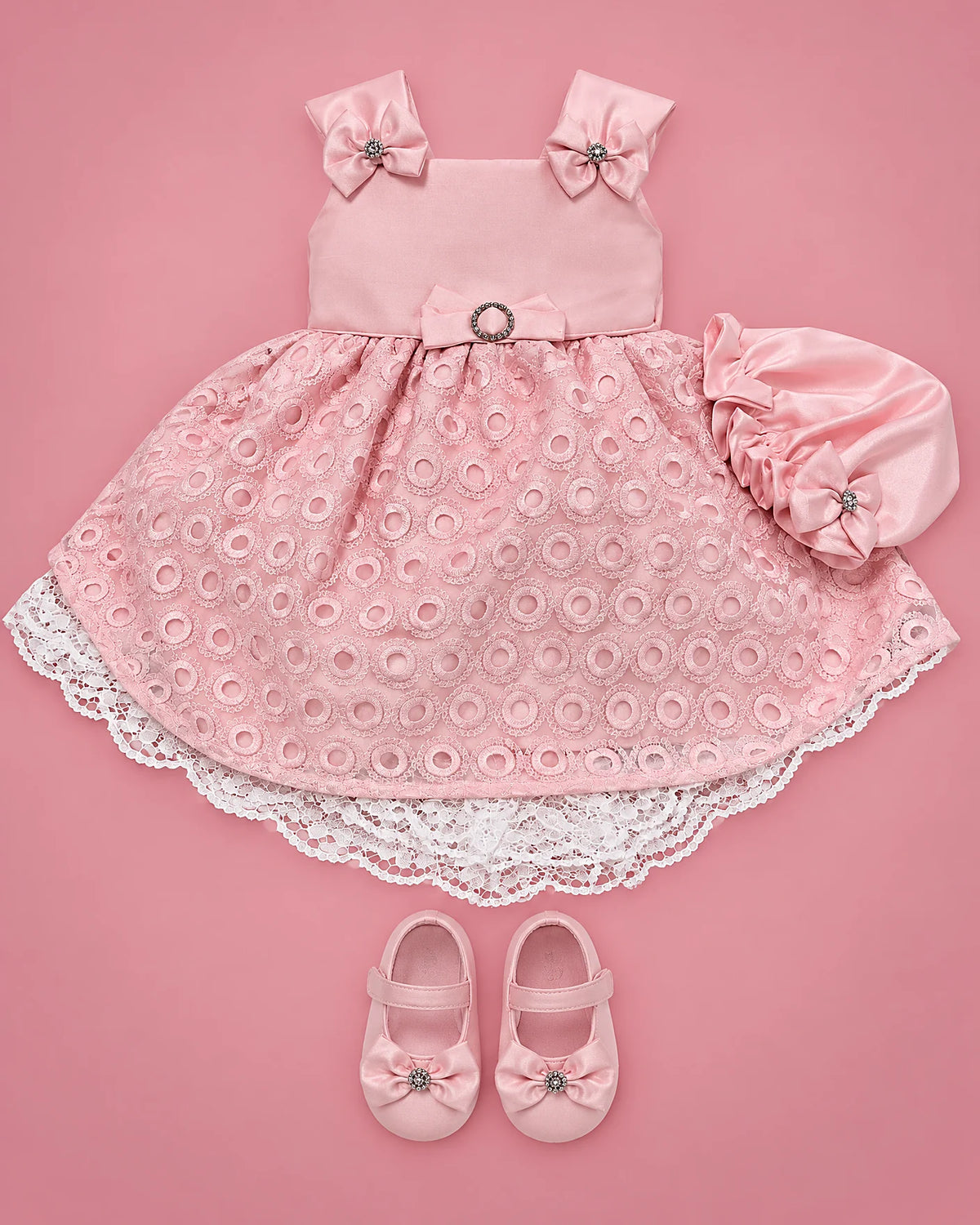Vestido rosa de seda cruda con calado, gorrito y zapatitos para bebé niña, set completo | JR Baby Center