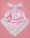 Vestido de seda cruda rosado con pecho de encaje y manta para bebé niña, set completo con gorrito y manta | JR Baby Center