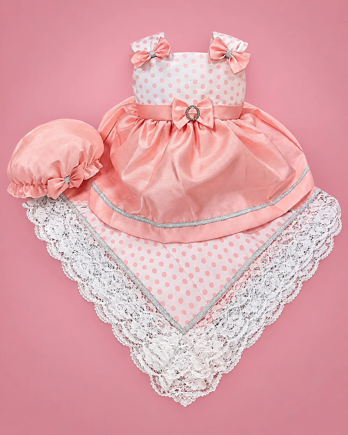 Set salmón de seda cruda con lunares, gorrito y manta para bebé niña, set completo | JR Baby Center