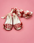 Set de zapatitos y banda crema y rojo con rosas para recién nacida | JR Baby Center